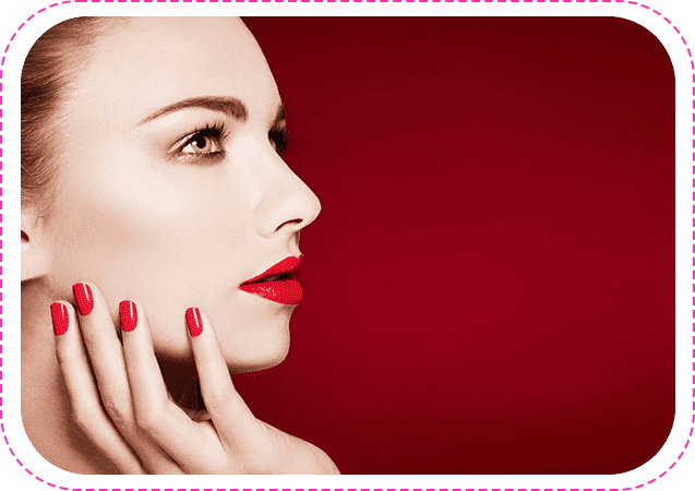 Beautiful Lady Closeup Beauty and Red Manicured Nails and Lips