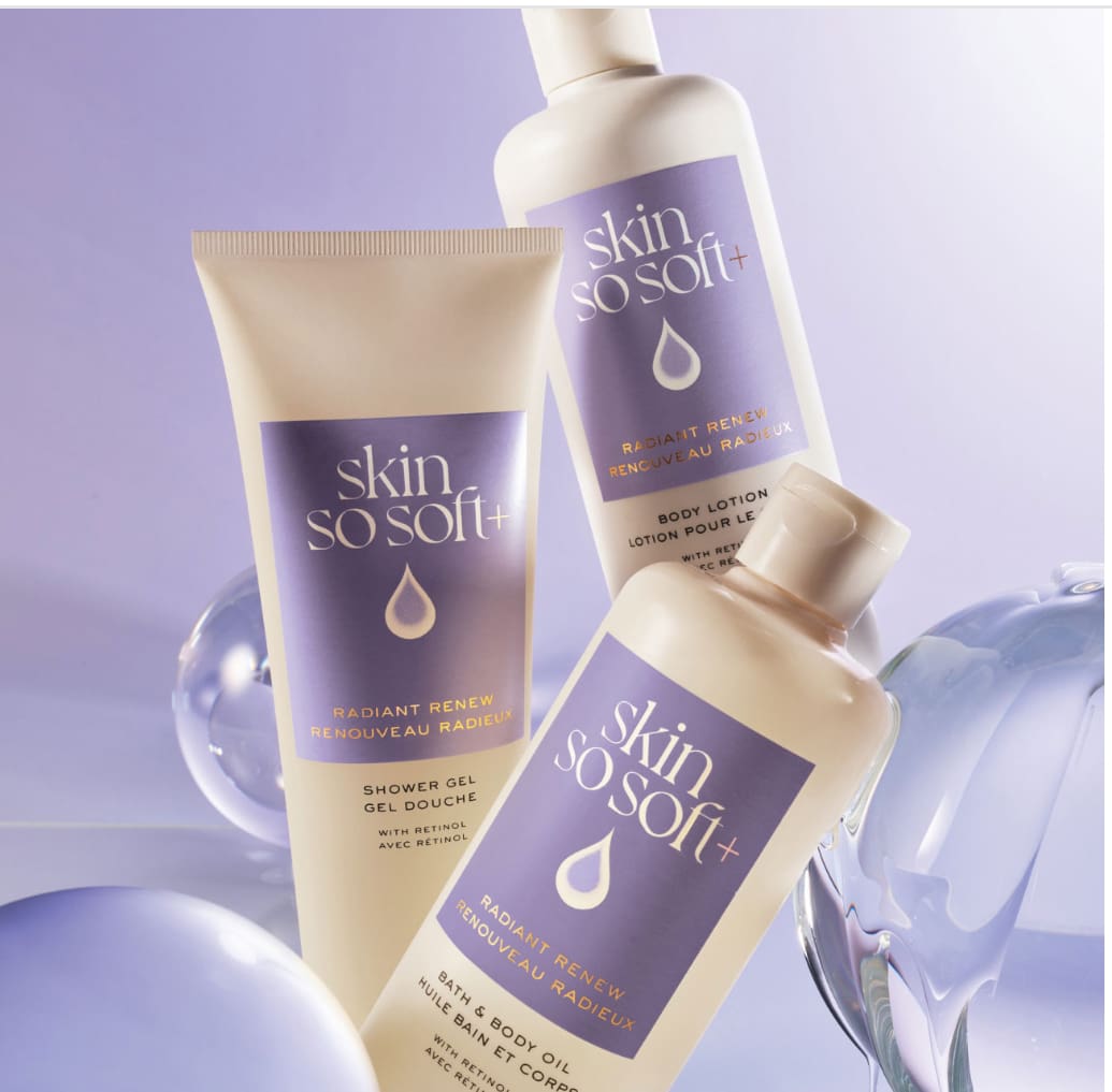 Skin So Soft skincare products with purple labels.
