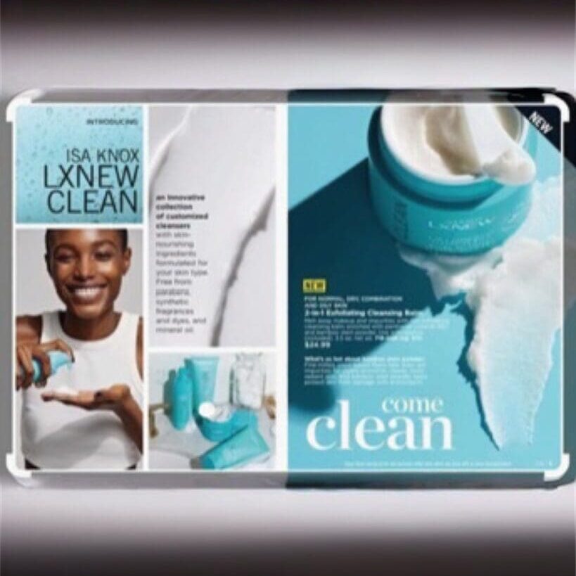 Skincare product advertisement with smiling model.