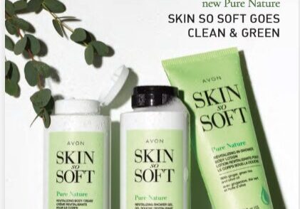 A poster of avon skin products with green theme